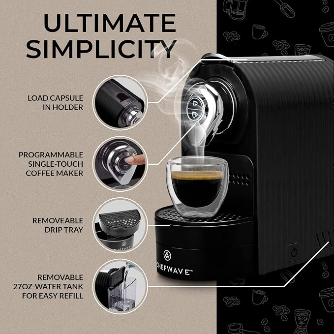 ChefWave Káva Espresso Machine - Nespresso-Compatible, 20 Bar Pressure, Fast Heat-Up, Compact Design, Auto Off, Dishwasher-Safe Water Tank