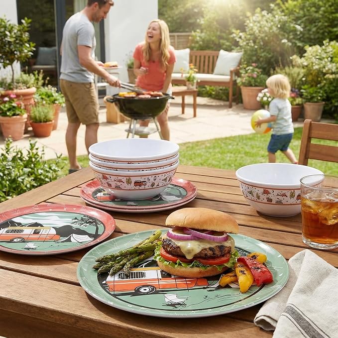 12-Piece Melamine Dinnerware Set,Unbreakable Camping Plates and Bowls Set of 4, Lightweight Outdoor Dishes with Camper Van & Tent Design for RV, Picnic, Backpacking, and Patio,Dishwasher Safe