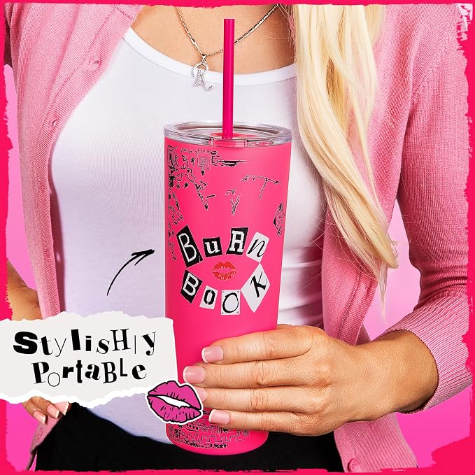 Dragon Glassware x Mean Girls Burn Book Tumbler with Straw & Lid, 24 oz | Vacuum Insulated Stainless Steel Tumbler with Straw & Lid; Double Walled Tumbler; Official Mean Girls Cup