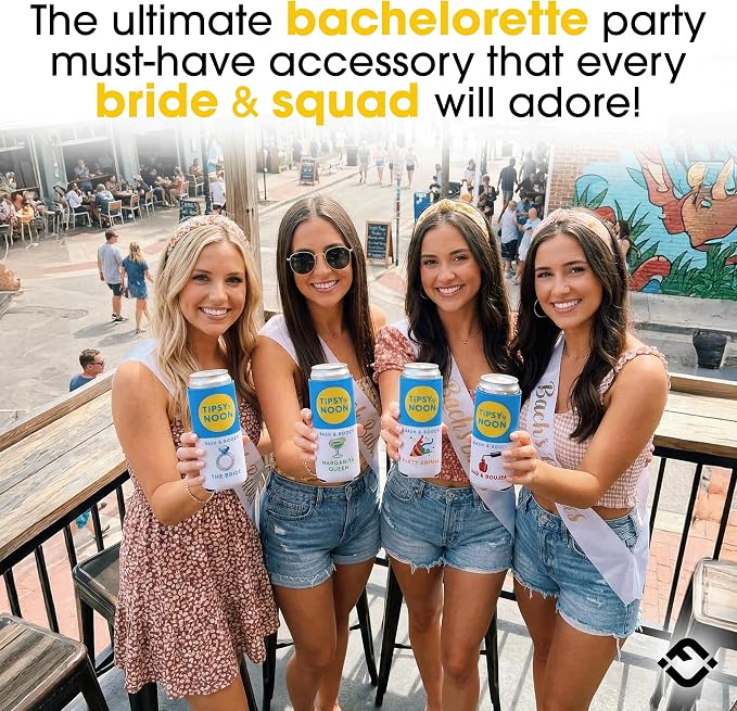 Funky Junque Bachelorette Party Favors Slim Can Cooler, Funny Bridesmaid & Bride Gifts for Girls Trip, Bridal Shower Decor & Accessories, 12 oz Skinny Can Covers - Tipsy by Noon - The Bride Single