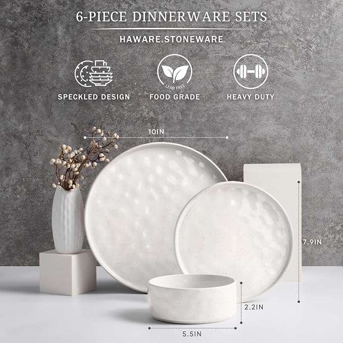 HaWare Dinnerware Sets, 6-Piece Plates and Bowls Set, Stoneware Dish Set for 2, Ceramic Dinnerware for Home Restaurant, Chip and Scratch Resistant, Microwave and Dishwasher Safe, Speckled White