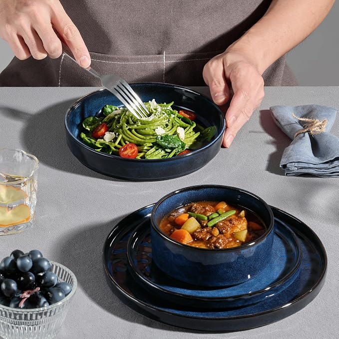 E-far 8-Piece Plates and Bowls Sets with Pasta Bowls - Stoneware Dinnerware Set for 2, Modern Ribbed Dishes, Microwave & Dishwasher Safe, Starry Blue