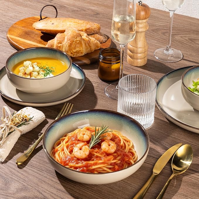 GBHOME 32 Pieces Stoneware Double Bowls Dinnerware Sets for 8, Ceramic Plates and Bowls Set with Reactive Glaze, Scratch Resistant Dishes Set, Dishwasher & Microwave Safe
