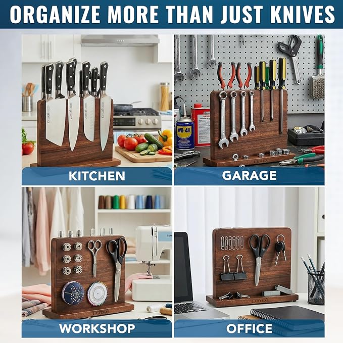 Cutluxe Magnetic Knife Block - Double Sided Acacia Wood Knife Holder, Strong Magnetic Strips, Universal Fit Knife Storage Stand