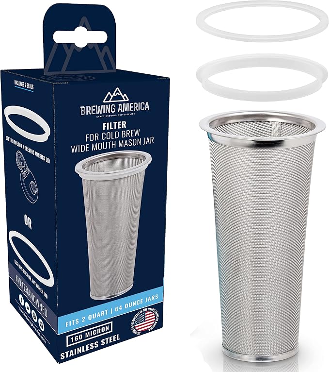 Cold Brew Filter for Mason Jar Wide Mouth Coffee Maker, UPGRADED Stainless Steel Mesh with Silicone Seals 2 Quart (64 Ounces)