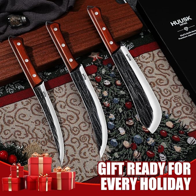 Huusk Butcher Knife Set for Meat Cutting, 3PCS Carving BBQ Brisket Knives, Hand-forged Kitchen Knive Set with Ergonomic Handle, Gifts for Men Women