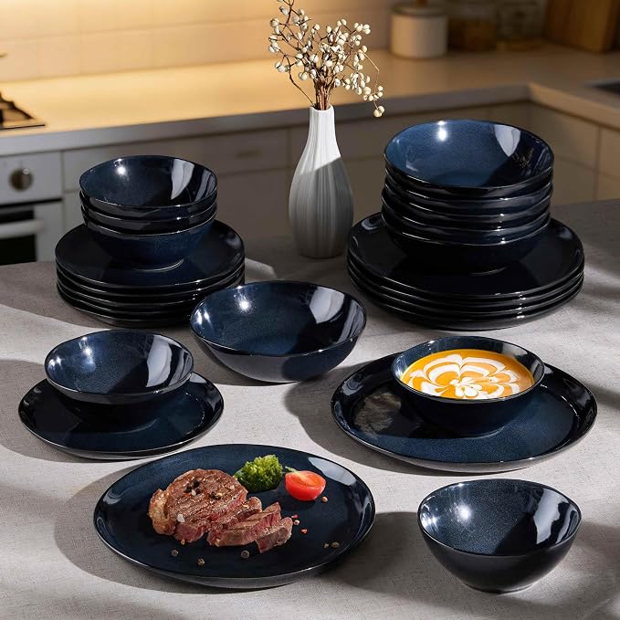 Herogo 12pcs Stoneware Dinnerware Sets for 4, Irregular Handmade Dinner Plates and Bowls, Kitchen Dining Dish Dishware Set, Microwave & Dishwasher Safe,Starry Blue