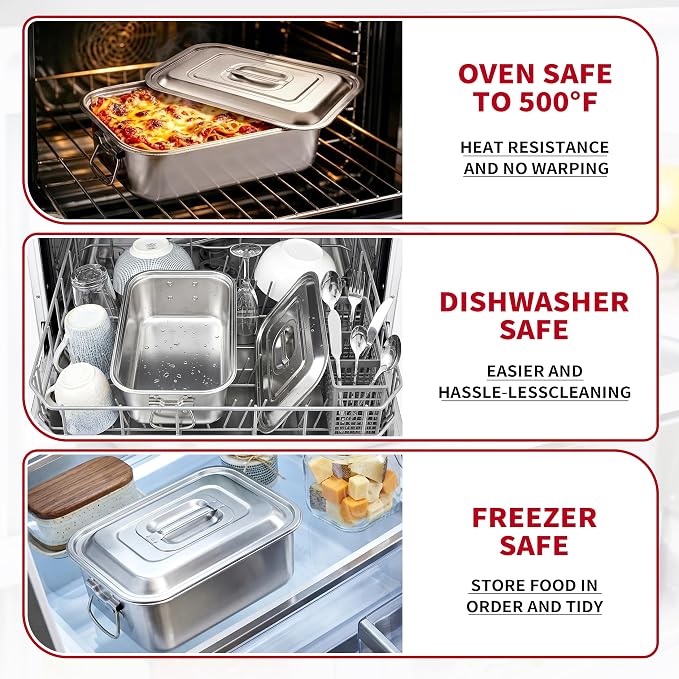 Extra Deep Stainless Steel Lasagna Pan with Loop Handles & Lid, 14 x 9.9 x 4 Inch, 6.3 QT Large Casserole Baking Dish, Oven Safe Heavy Duty Baking & Roasting Pan for Meal Prep & Storage