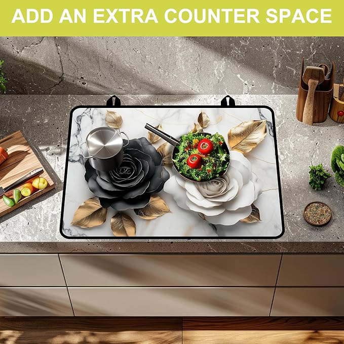 Glass stove top cover 28"x 20", Stove Top Covers for Electric Stove, Flat Range Mat for Glass Cooktop, Kitchen Heat-Resistant Protector Non-Slip Drying Mat (Black and White Roses)