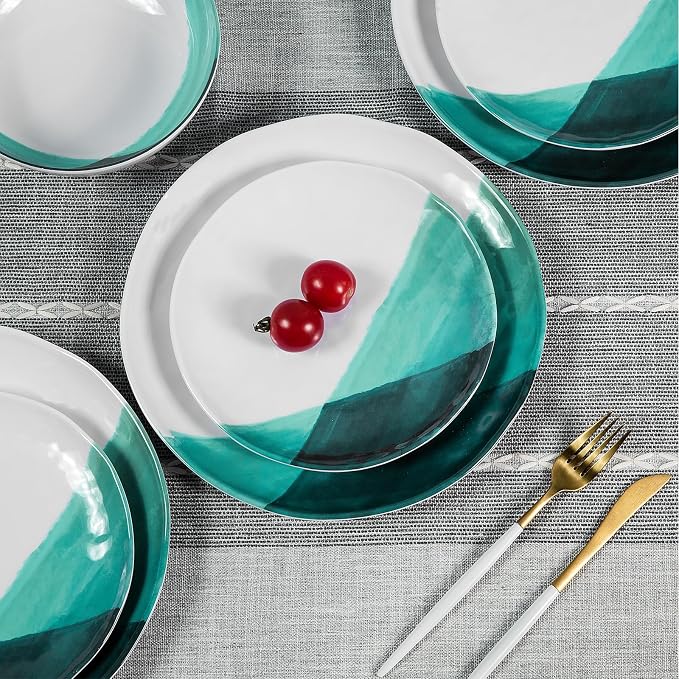 Melamine Plates and Bowls Set - 12pcs Dinnerware Dishes Set for 4, Dinner Plates for Indoor and Outdoor Use, Lightweight Break-resistant, Green & White