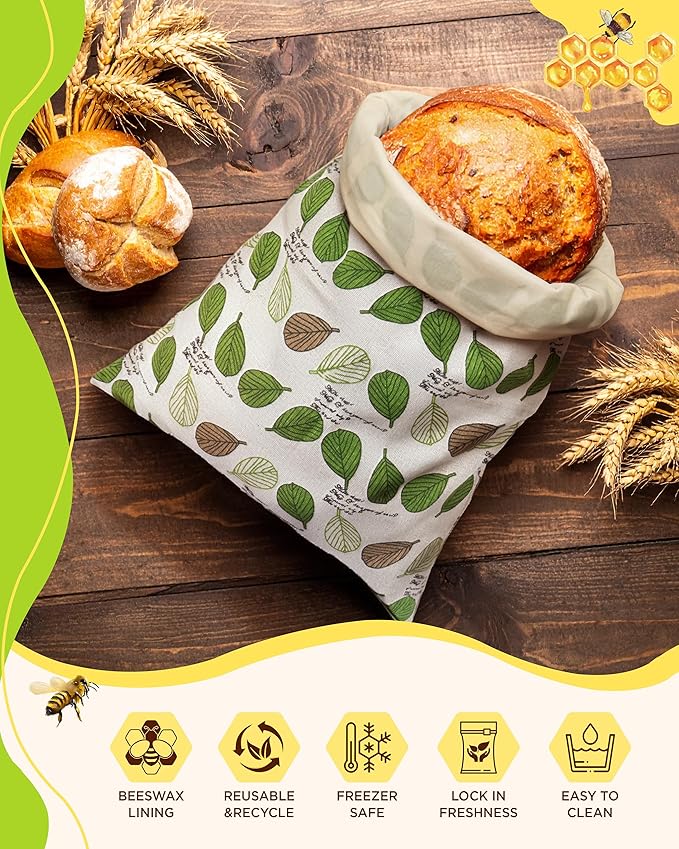 Beeswax Bread Bag for Homemade Sourdough, Sourdough Bread Bags with Zipper, 2 Pack Cotton Large Airtight Food Storage Bags to Keep Fresh