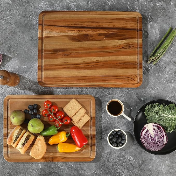 2 Pack Teak Cutting Board Set for Kitchen Wood Charcuterie Board Wooden Cutting Boards Non Toxic Heavy Duty Slip Over Sink Solid Thick Chopping Board