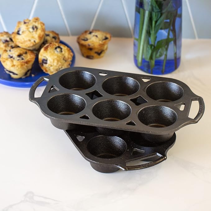 Lodge Seasoned Cast Iron Muffin Pan Set - Six-Well Bakeware Set for Muffins, Cupcakes, Cornbread & Homemade Favorites - Includes Looped Handles - 2-Pack