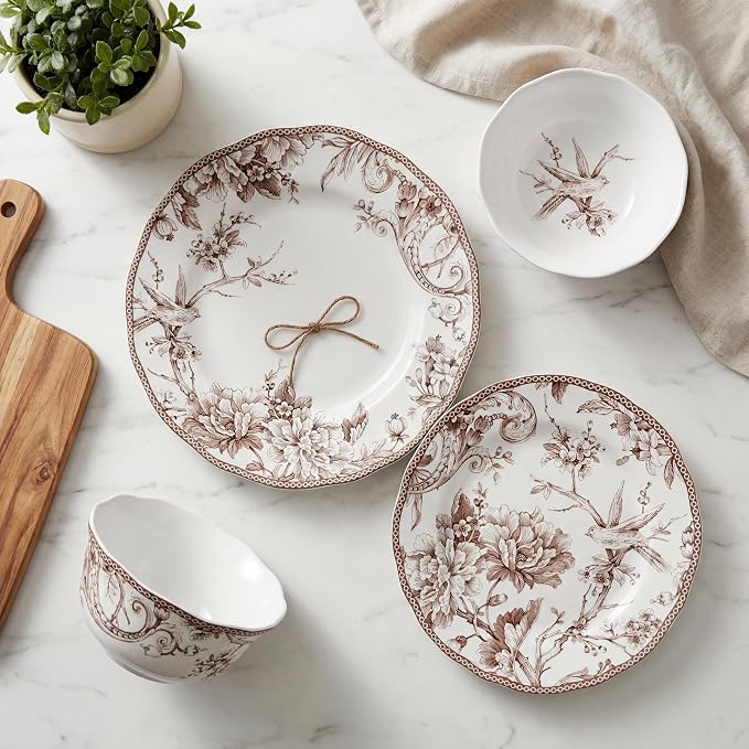 222 Fifth Adelaide Brown on White 12-Piece Dinnerware Set – Service for 4, Big Dinner Plates and Bowls Sets,Durable Porcelain, Microwave and Dishwasher Safe, for Everyday Dining & Entertainment
