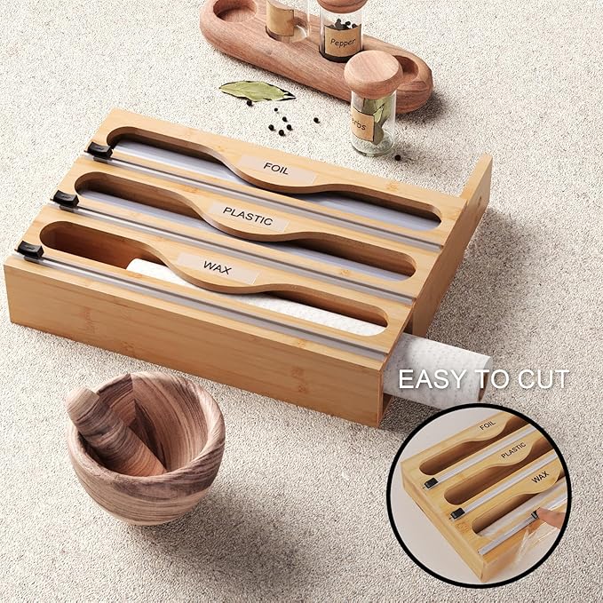 Wrap Dispenser with Cutter and Labels, Plastic Wrap Organizer For Kitchen,Bamboo 3-in-1 Wrap Dispensers for Cling Wrap Aluminum Foil and Wax,Storage Organization Holder（Natural）