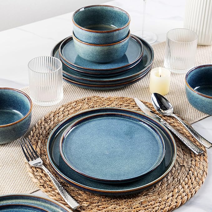AmorArc Stoneware Dinnerware Sets for 4,Round Reactive Glaze Ceramic Plates and Bowls Set,Highly Scrath Resistant Dishware | Dishwasher & Microwave Safe Dishes Set,Service for 4 (12pc)