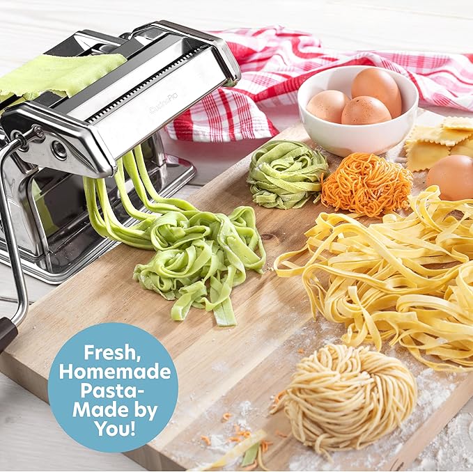Pasta Maker Machine- Heavy Duty Chrome Coated Steel Construction with Fettucine & Spaghetti Attachments, Rollers w Adjustable Thickness Settings, Manual Hand Crank for Precise Noodles w Recipe Guide