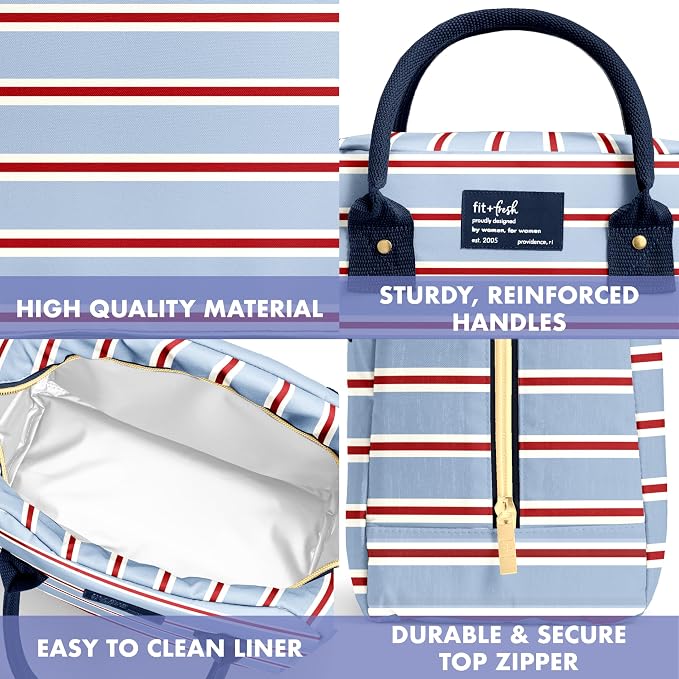 Fit & Fresh Bloomington Lunch Bag for Women - Insulated Large Lunch Box for Work with Containers, Leak-Resistant, Stain-Resistant, Zipper Closure, Rowing Stripe Blue