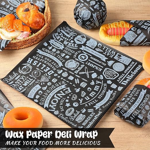 Outus 1800 Pcs 12 x 12 Inch Deli Wax Paper Sheets Grease Resistant Tray Basket Liners Newsprint Paper Water and Grease Proof Sandwich Wrapping Square Hot Dog Wrapper for Food Baking (Black)