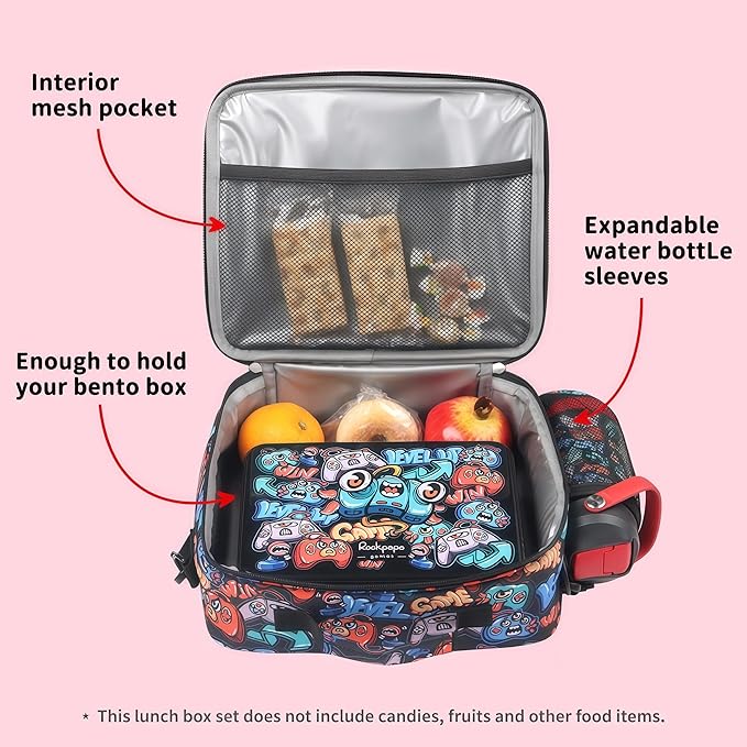 rockpapa Kids Lunch Box Set with 14oz Insulated Water Bottle & Lunch Bag, Leakproof 5.5 Cups Bento Box for School & Children, BPA-Free, Microwave Safe for Boys Girls (Black Games)