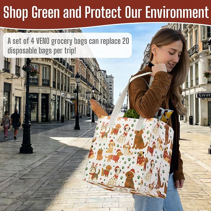 VENO 4 Pack Cute Dog Reusable Grocery Bags, Heavy-Duty Shopping Bags with Handles, for Shopping Cart with Hard Bottom to Stand Upright, Foldable (Holiday Pups, 4 Pack)