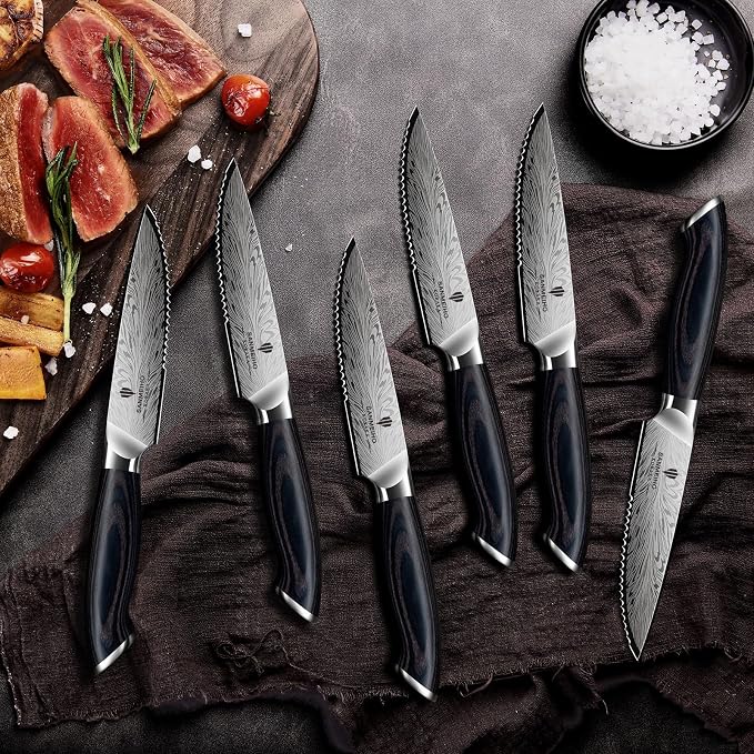 Steak Knives Set of 6, Ultra Sharp 4.5 Inch High Hardness Powder Steel Steak Knife Set, Serrated Steak Knives with Ergonomic Pakkawood Handle Japanese Knives for Steak, Bread and Butter