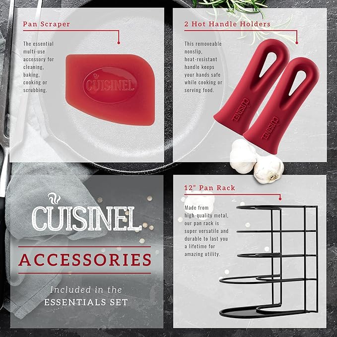 Cuisinel Cast Iron Cookware Set - 6-Pieces Pre-Seasoned Kit: 10"+12" Skillet + Glass Lids + Pizza Pan + Pan Rack Organizer + Silicone Handle Covers + Scraper/Cleaner - Grill, Camping, Indoor/Outdoor