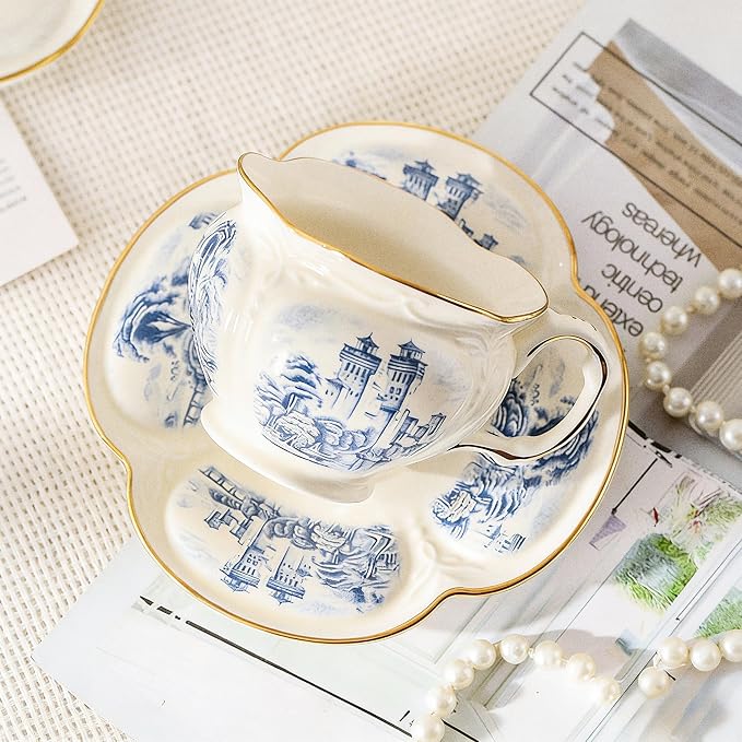 KAMMAK Tea Cups and Saucers Set of 2, Porcelain Coffee Cups, 8-Ounce Stackable Espresso Mugs, Ceramic Demitasse for Coffee, Latte, Americano, Tea, Retro Blue