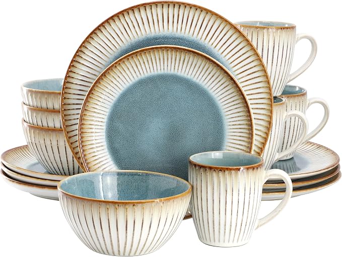 Elama 16 Piece Stonewre Dinnerware/Tableware Set, Service for 4, Textured Design, Color Rim Place Settings (Louann)