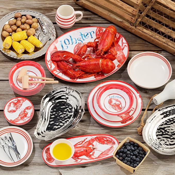 Beach House Lobster 12-Piece Melamine Dinnerware Set – Bold Coastal Charm, Service for 4, Durable, Lightweight, and Dishwasher-Safe