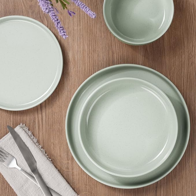 HaWare 8-Piece Plates and Bowls Set for 2, Stoneware Dinnerware Sets with Pasta Bowl, Dishes Set for Home Restaurant, Speckled Asparagus Green