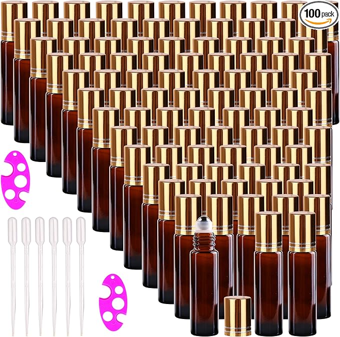 inice 100 10ml Amber Galss Roller Bottles Essential Oils Applicator With Stainless Steel Roller Balls Aluminium Alloy Cap