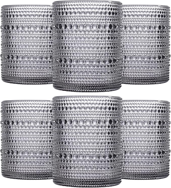 JOVGANK Grey Vintage Hobnail Drinking Glasses Set of 6, Embossed Water Tumbler 12oz, Kitchen & Bar Beaded Glass Cups, Beverage Glass Cups for Water, Beer, Juice, Gift for Housewarming Mother's Day