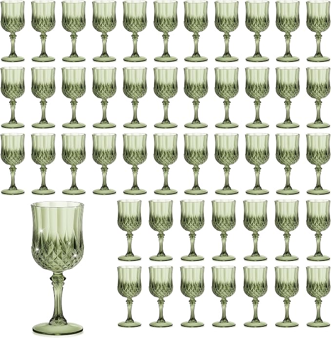 7OZ Plastic Wine Glasses, Reusable Vintage Goblets Unbreakable Drinking Glasses Crystal Water Cups Champagne for Wedding, Parties (48, Light Green)