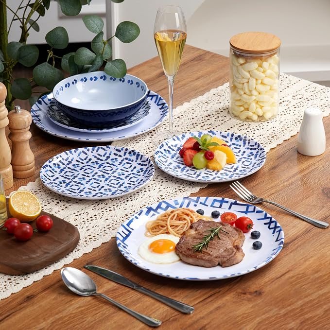 12pcs Melamine Dinnerware Set - Unbreakable Plates and Bowls Set- Blue Grid Stripes Design Dinner Dish Set - Modern Dinnerware Set for 4 - Break-Resistant Dishwasher Safe for Indoor/Outdoor Use