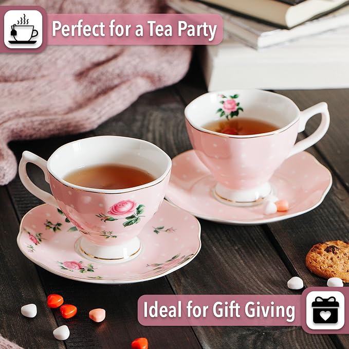 BTaT- Floral Tea Cups and Saucers, Set of 2, 8 oz, Fine Porcelain Teacup Set with Gold Trim for Afternoon Tea, Weddings, Parties & Gifting, Dishwasher Safe, Lightweight, Non-Toxic