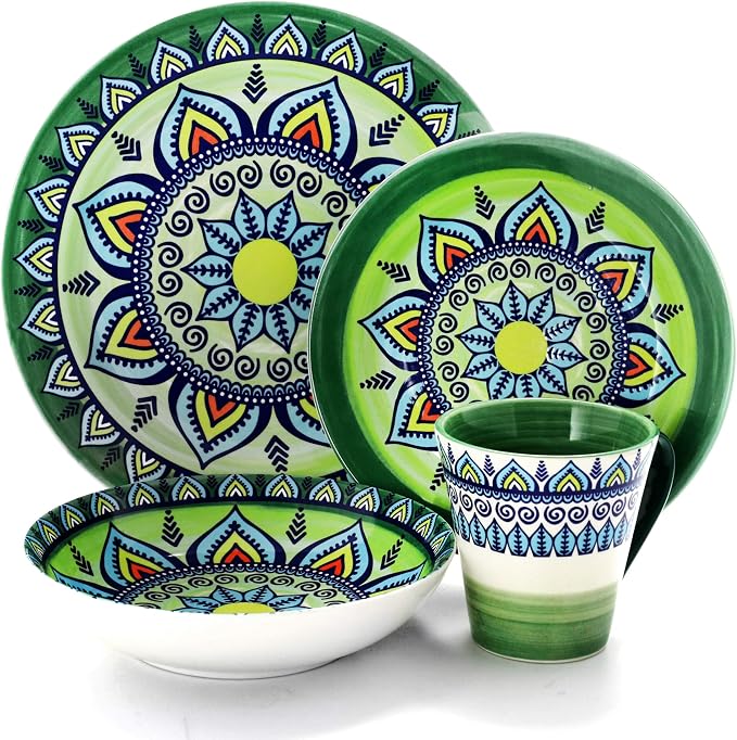 Elama Zen Green Mozaik 16 Piece Luxurious Stoneware Dinnerware with Complete Setting for 4, 16pc