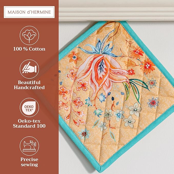 Maison d' Hermine Pot Holders 100% Cotton Heat Resistant Potholders 8" x 8" Hot Pads with Loop Cooking Baking Gifts for Mothers Day Handling Hot Pans Spring/Summer(Pack of 2, Luxury Loft - Peach)