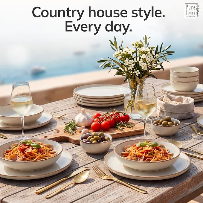 Stoneware dinnerware set 6 persons Rustic 24 pcs - High quality Mediterranean stoneware dinnerware set - bowl and plate set - dinner service 6 persons - Pure Living dinnerware sets in beige