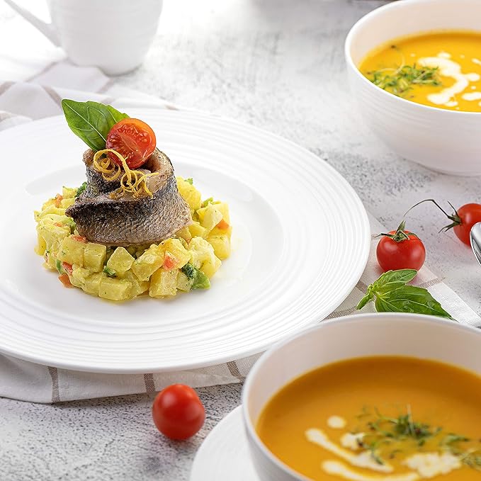 Divitis Home Infinity bone china dinnerware set - 16 piece round dinnerware set, includes soup bowls, dinner plates and salad plates