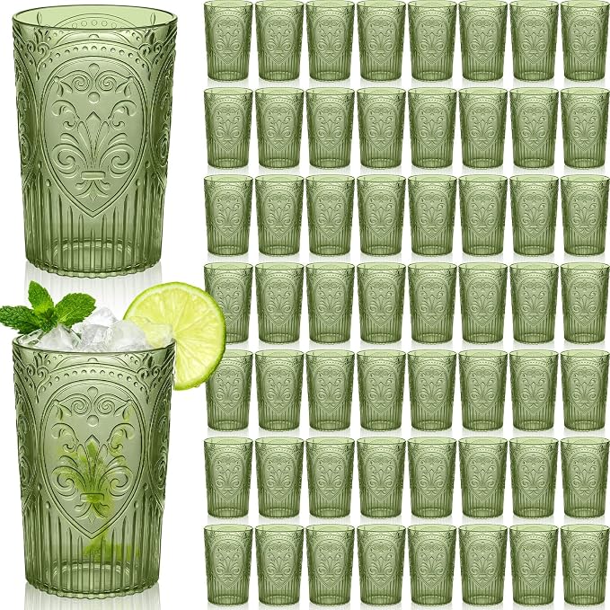 100 Pcs 16 oz Plastic Vintage Drinking Glasses Stemless Ribbed Highball Glasses Bulk Embossed Reusable Cup for Water Beer Cocktails Juice Wedding Bridal Shower Birthday Event Party (Green)