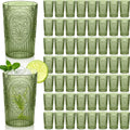 100 Pcs 16 oz Plastic Vintage Drinking Glasses Stemless Ribbed Highball Glasses Bulk Embossed Reusable Cup for Water Beer Cocktails Juice Wedding Bridal Shower Birthday Event Party (Green)