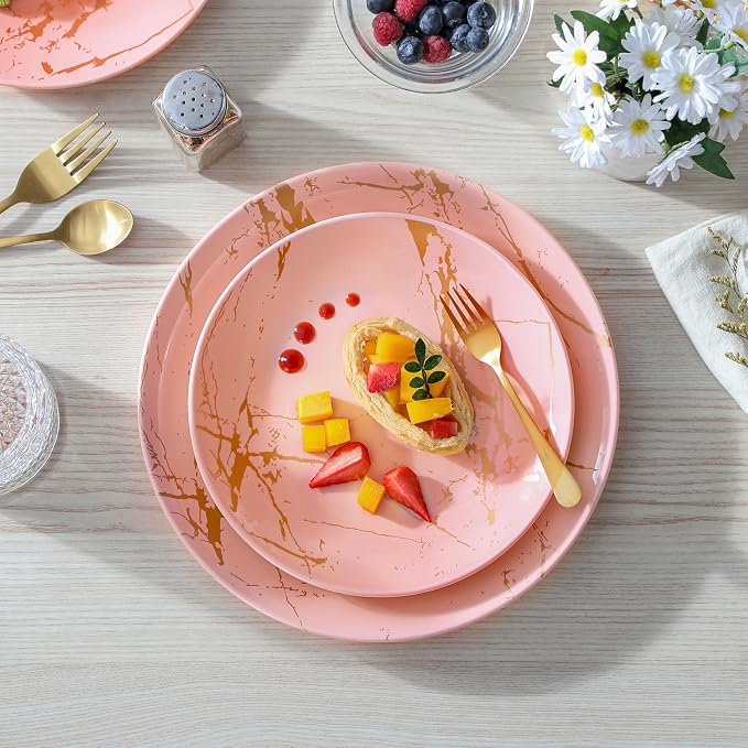 LOVECASA Pink Dinnerware Sets for 4, 12 Piece Porcelain Plates and Bowls Sets, Gold Splash Dish Set, Modern Ceramic Dinner Set, Dishwasher Microwave Safe