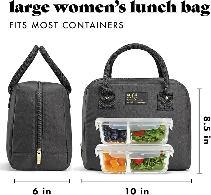 Fit & Fresh Bloomington Lunch Bag for Women - Insulated Large Lunch Box for Work with Containers, Leak-Resistant, Stain-Resistant, Zipper Closure, Black