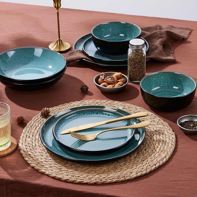 LIANYU Ceramic Dinnerware Sets for 4, 12 Piece Porcelain Stoneware Plates and Bowls, Scratch Resistant Round Kitchen Dishes Set, Dishwasher and Microwave Safe Dinning Ware Set, Pastel Turquoise