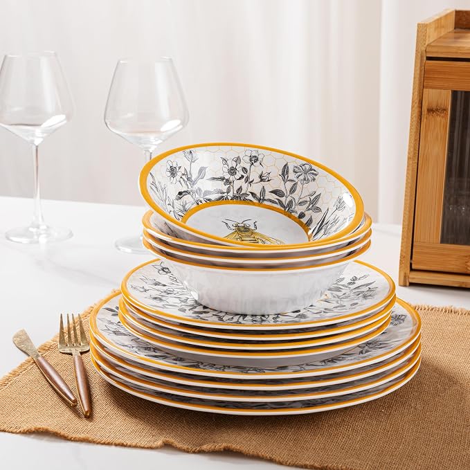 LEHAHA Honeycomb Bee Sweet 12-Piece Melamine Dinnerware Set,Melamine Dishes Set of 4, Lightweight and Unbreakable Garden Floral Dinner Plates and Side plates and All-purpose Bowls Set
