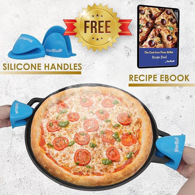 16 Inch Cast Iron Pizza Pan Round Griddle by StarBlue with FREE Silicone Handles and 30 Recipes Ebook– Pre-Seasoned Comal, Kitchen Essentials for Pizza Lovers, Baking, Grill, BBQ, Stove Oven Safe