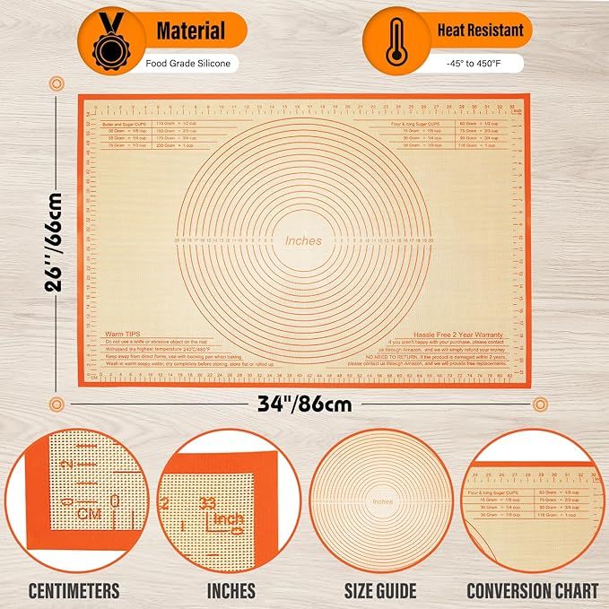 Silicone Pastry Mat 34x26 Inch Nonstick Baking Mat -Perfect for Doug, Pastry, Bread, Dough Rolling, Kneading Board, Pie Crust, Fondant, Pasta/Pizza, Kitchen Counter Mat