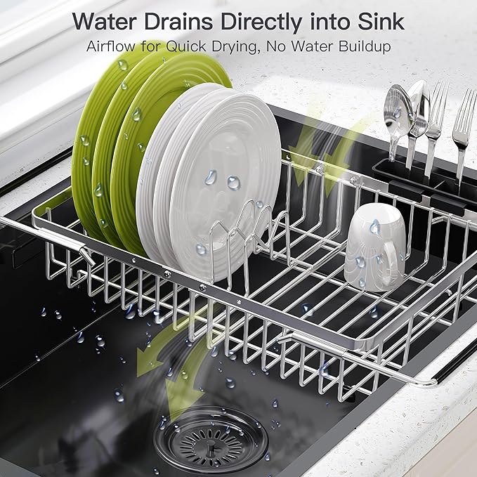 Expandable Stainless Steel Dish Drying Rack Over The Sink For Small Kitchen, Counter Space Saving Compact Metal Plate Drainer Strainer, Adjustable Hanging Inside Sink Rust Proof Wire Dryer Holder