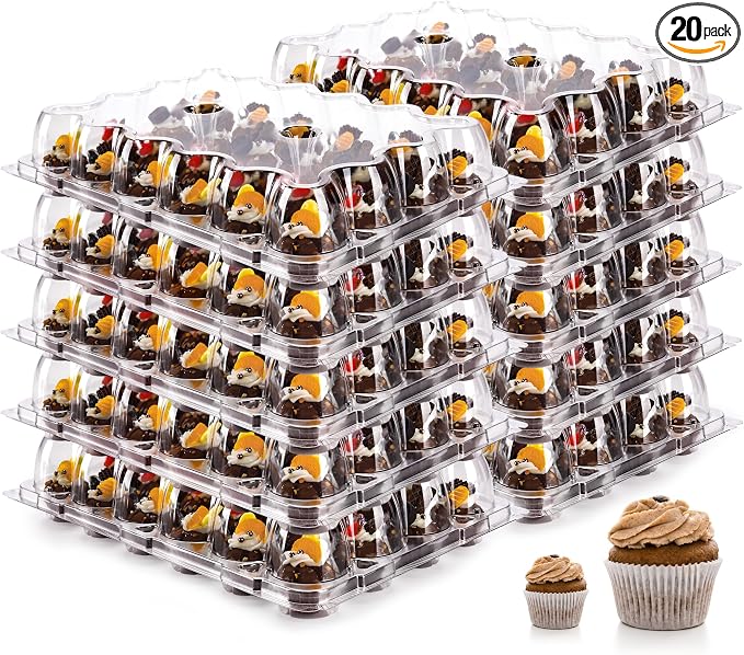 NPLUX 24 Count Mini Cupcake Containers 20 Pack Cupcake Holder with Detachable Tall Dome Lids Mini Plastic Stackable Cupcake Boxes for 480Cupcakes, BPA Free